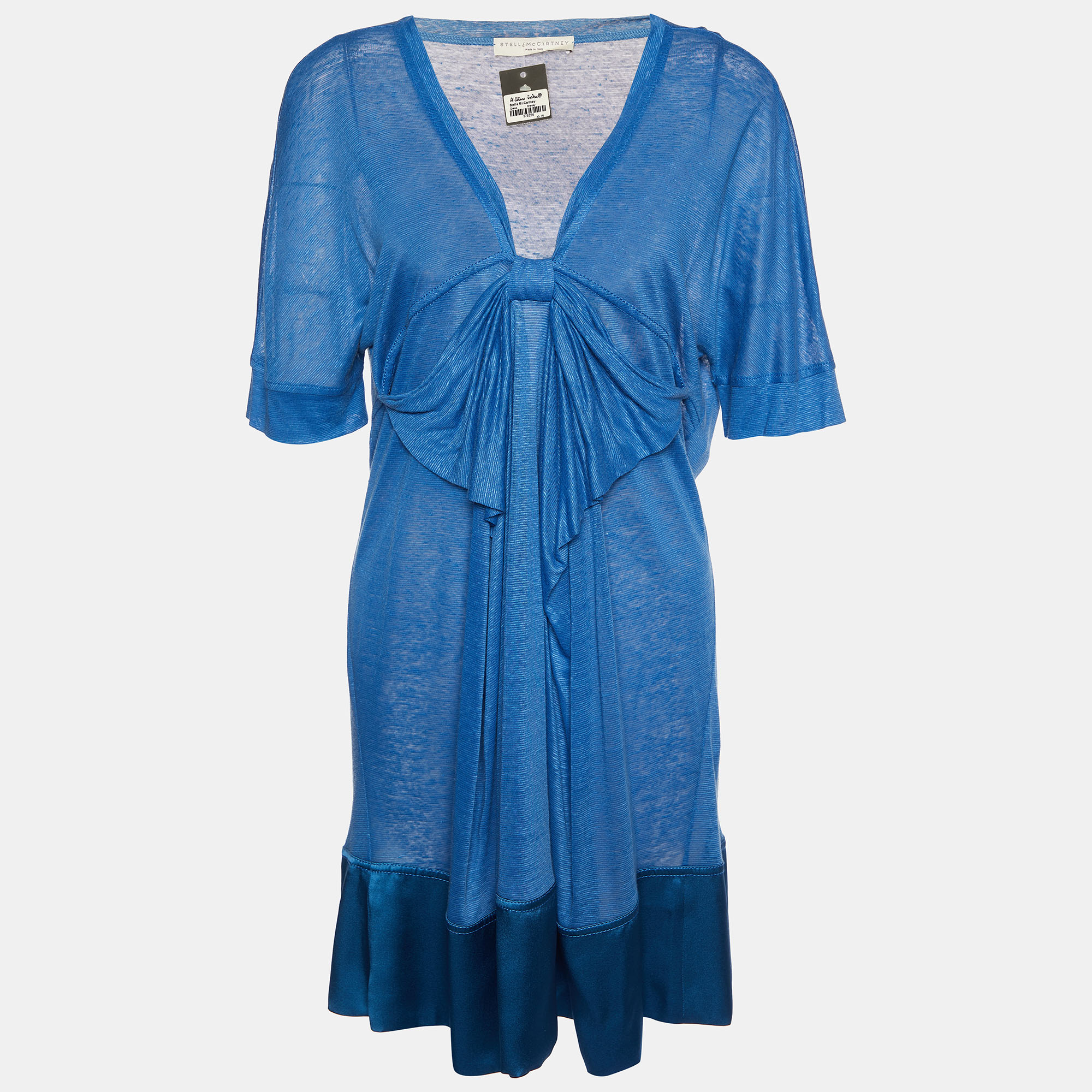 

Stella McCartney Blue Linen Knit & Satin Hem Bow Detail Mini Dress