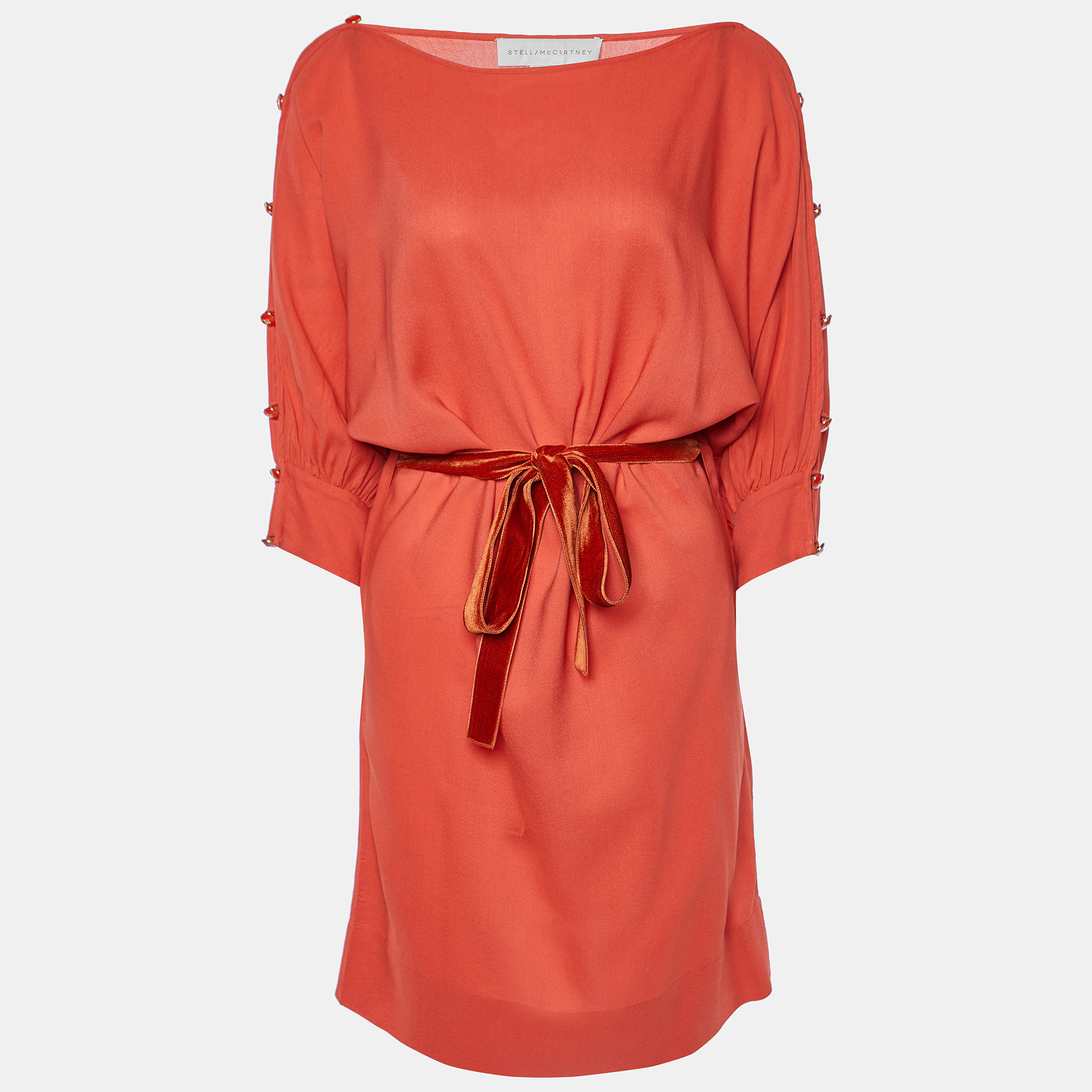 Pre-owned Stella Mccartney Orange Silk & Wool Buttoned Sleeve Belted Dress Xs