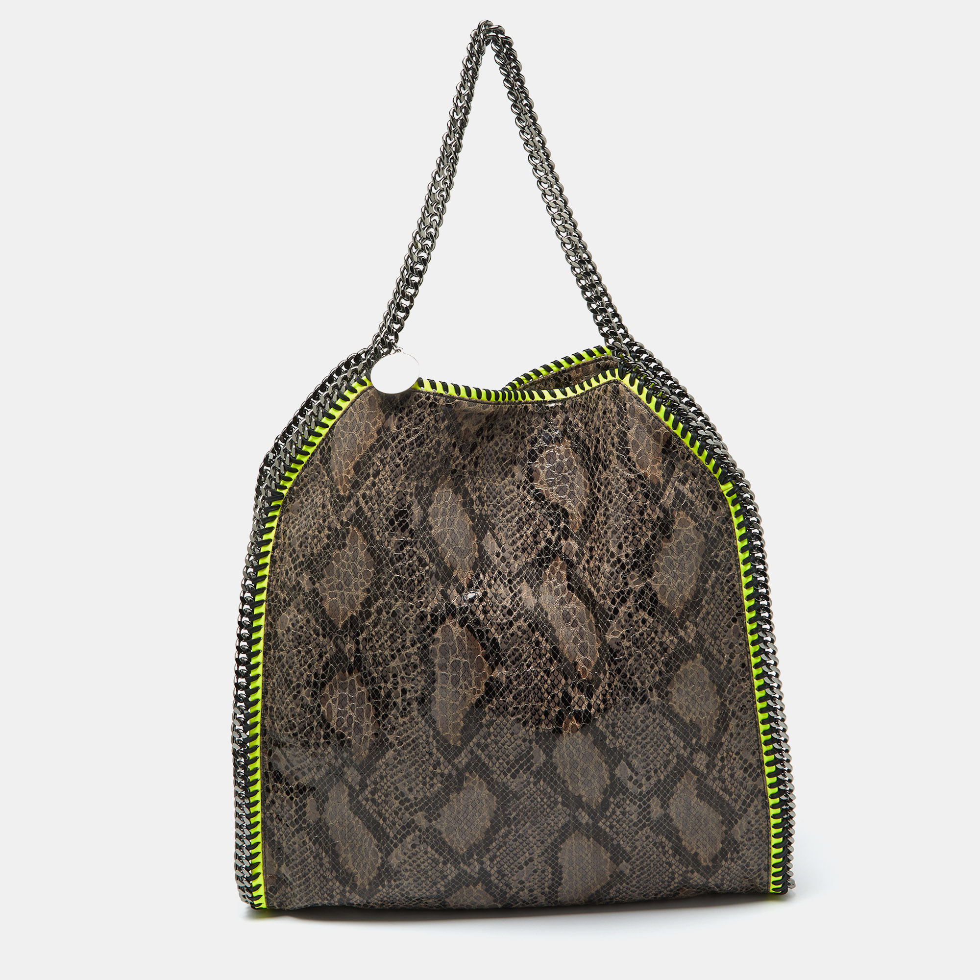 

Stella McCartney Brown/Neon Green Faux Python Embossed Leather Falabella Tote
