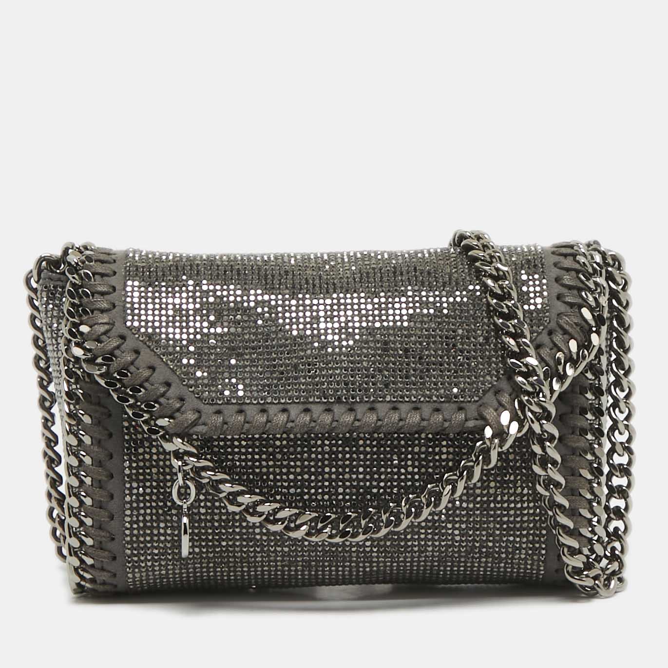 

Stella McCartney Grey Faux Suede Micro Falabella Crystals Flap Crossbody Bag