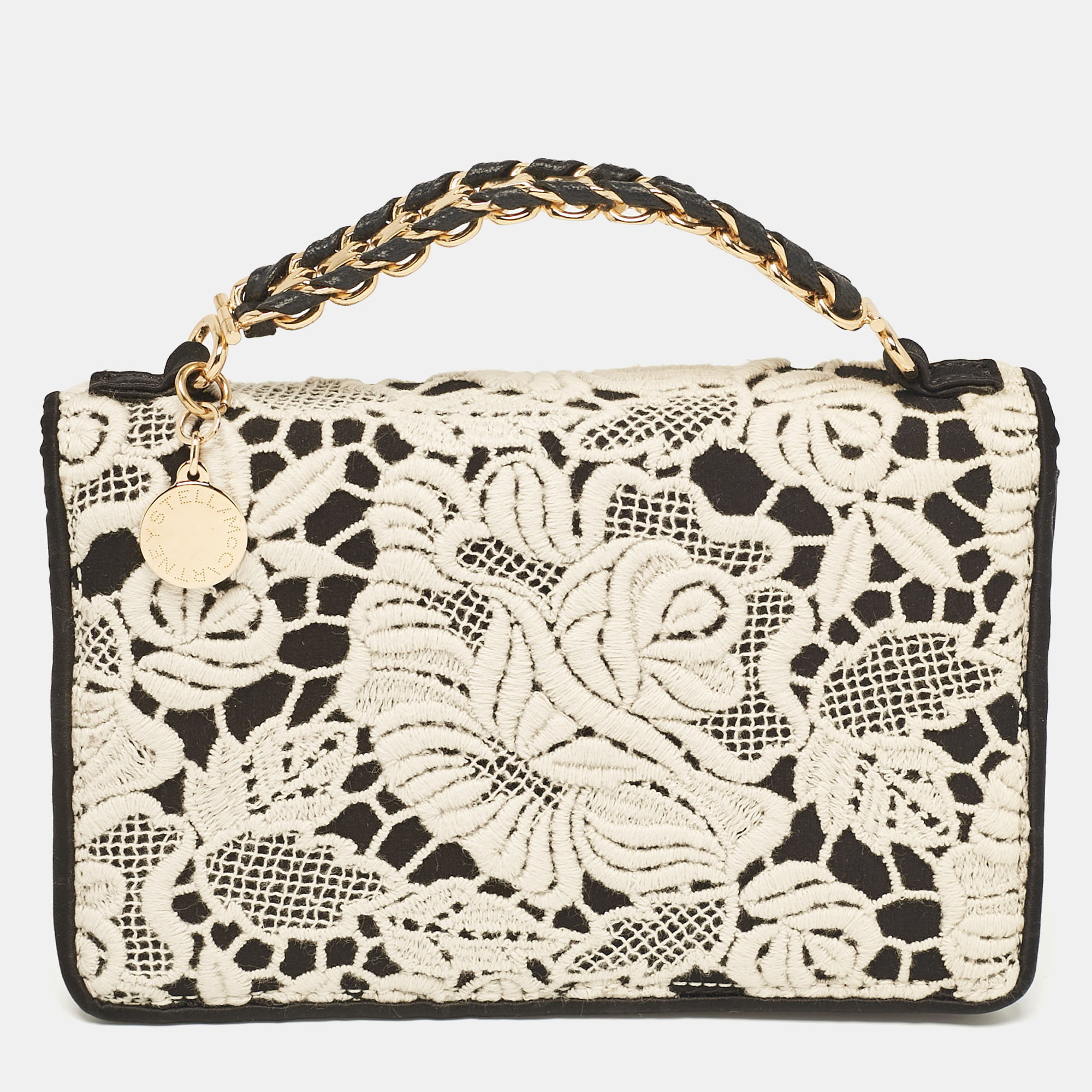 

Stella McCartney Black/White Satin Embroidered Top Handle Bag