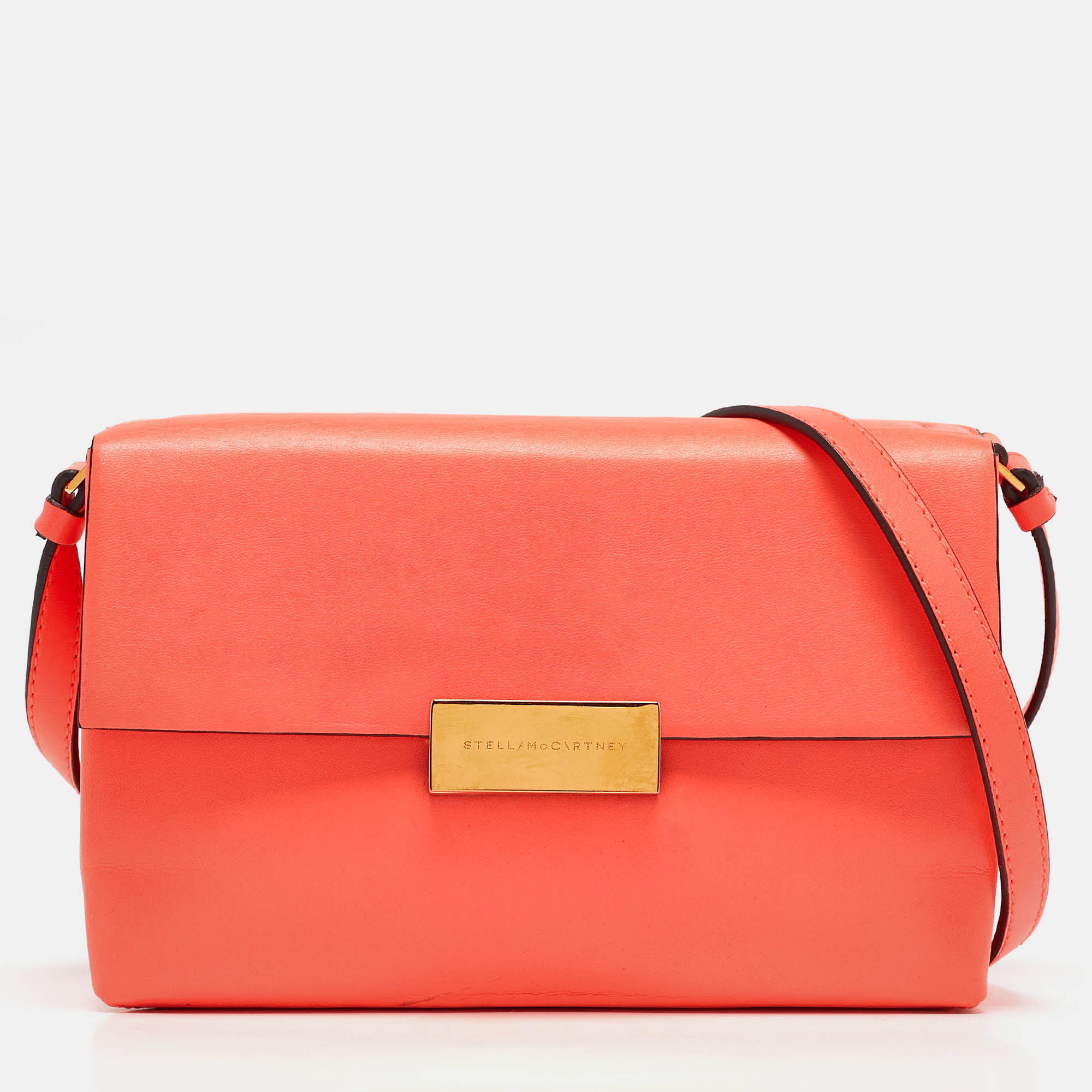 

Stella McCartney Neon Orange Faux Leather Metal Flap Crossbody Bag