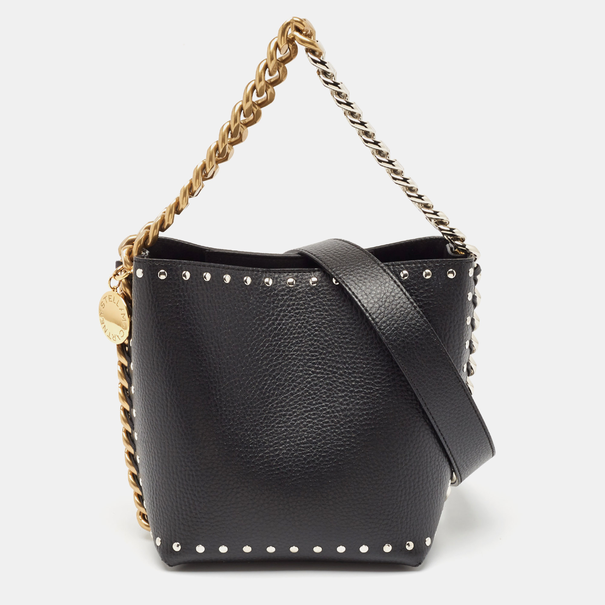 

Stella McCartney Black Faux Leather Studded Frayme Bucket Bag