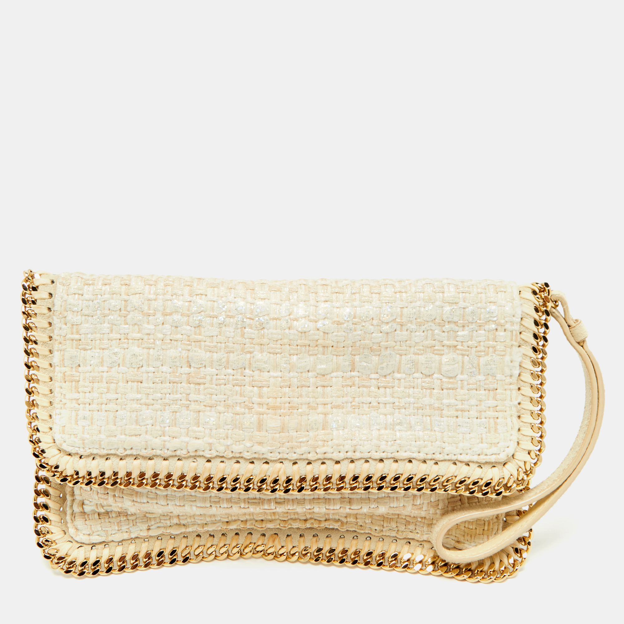 

Stella McCartney Ivory Woven Glitter Fabric Falabella Wristlet Clutch, White