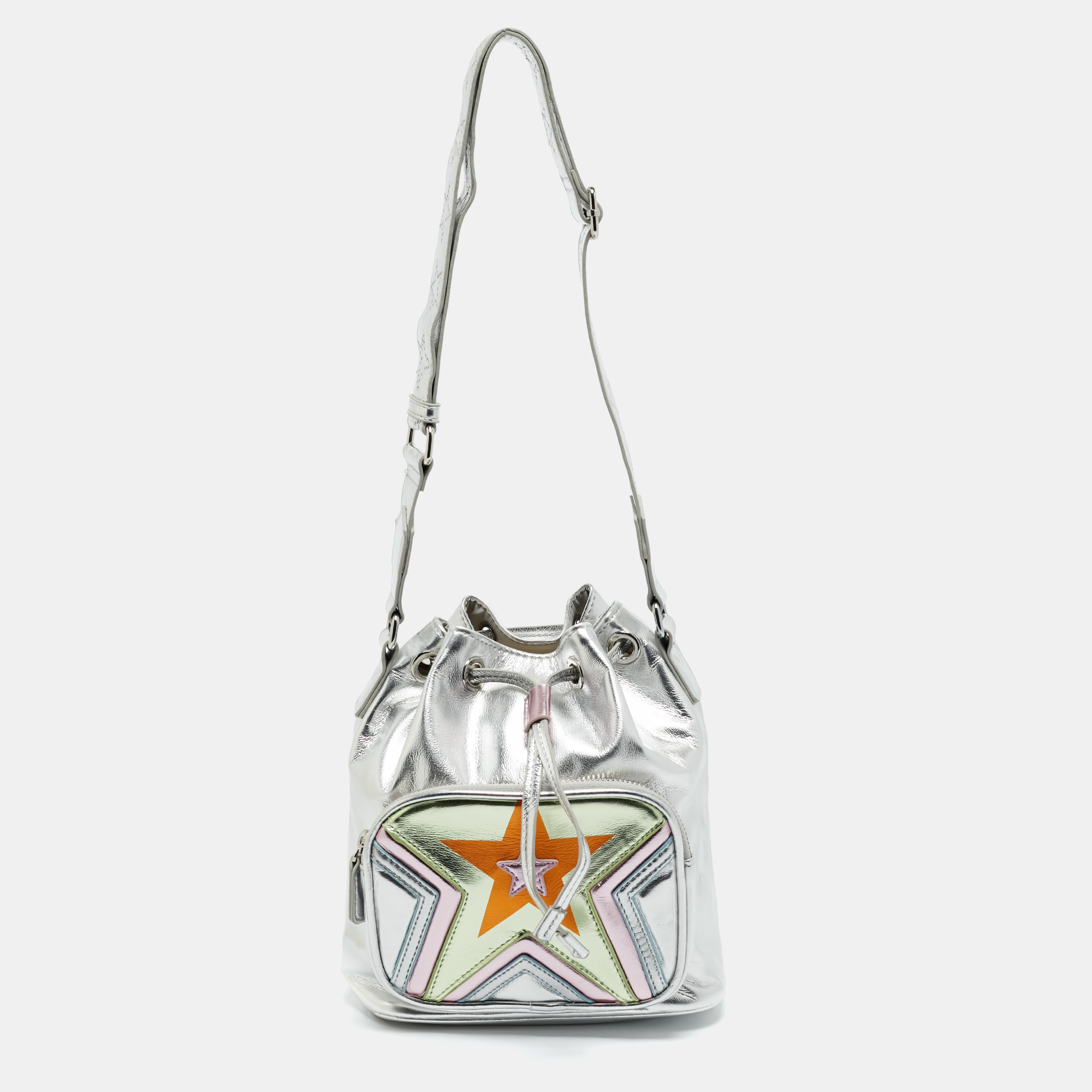 

Stella McCartney Silver Faux Leather Star Print Bucket Bag
