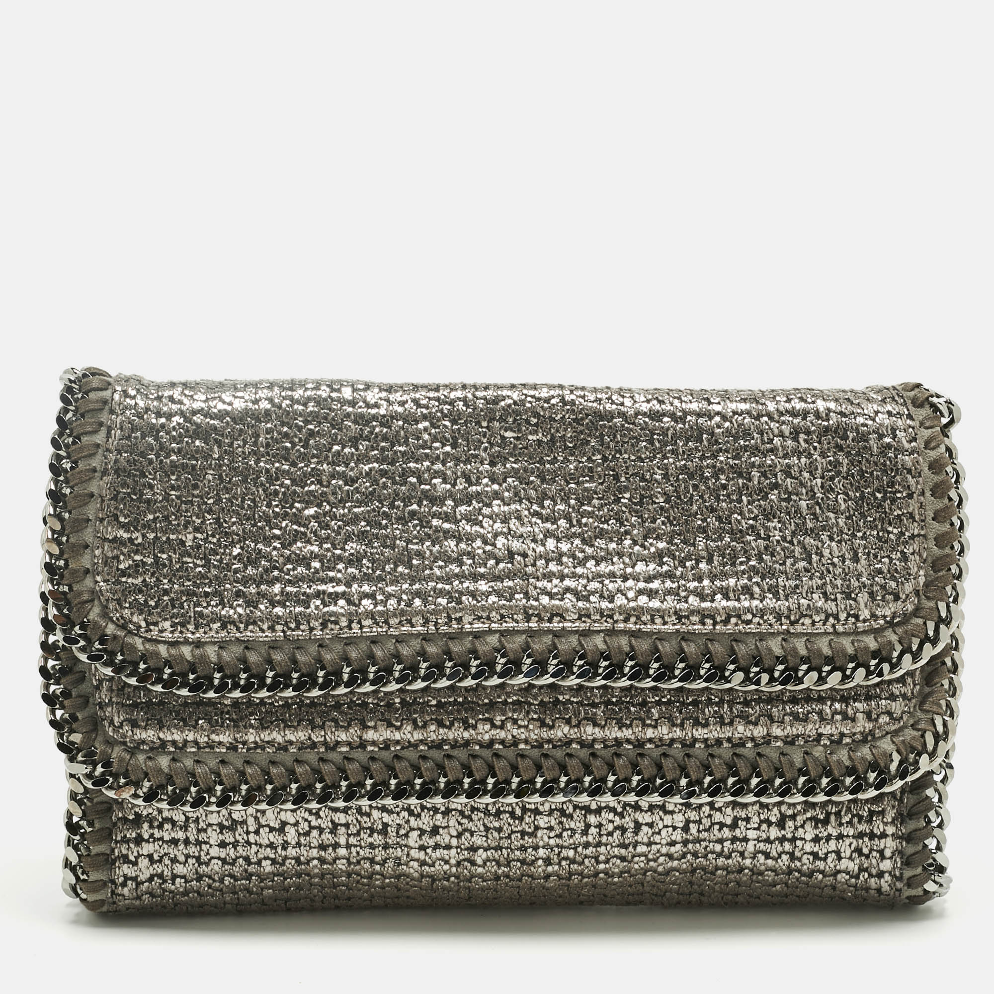 Pre-owned Stella Mccartney Metallic Grey Woven Coated Fabric Falabella Fold Over Clutch In Gray