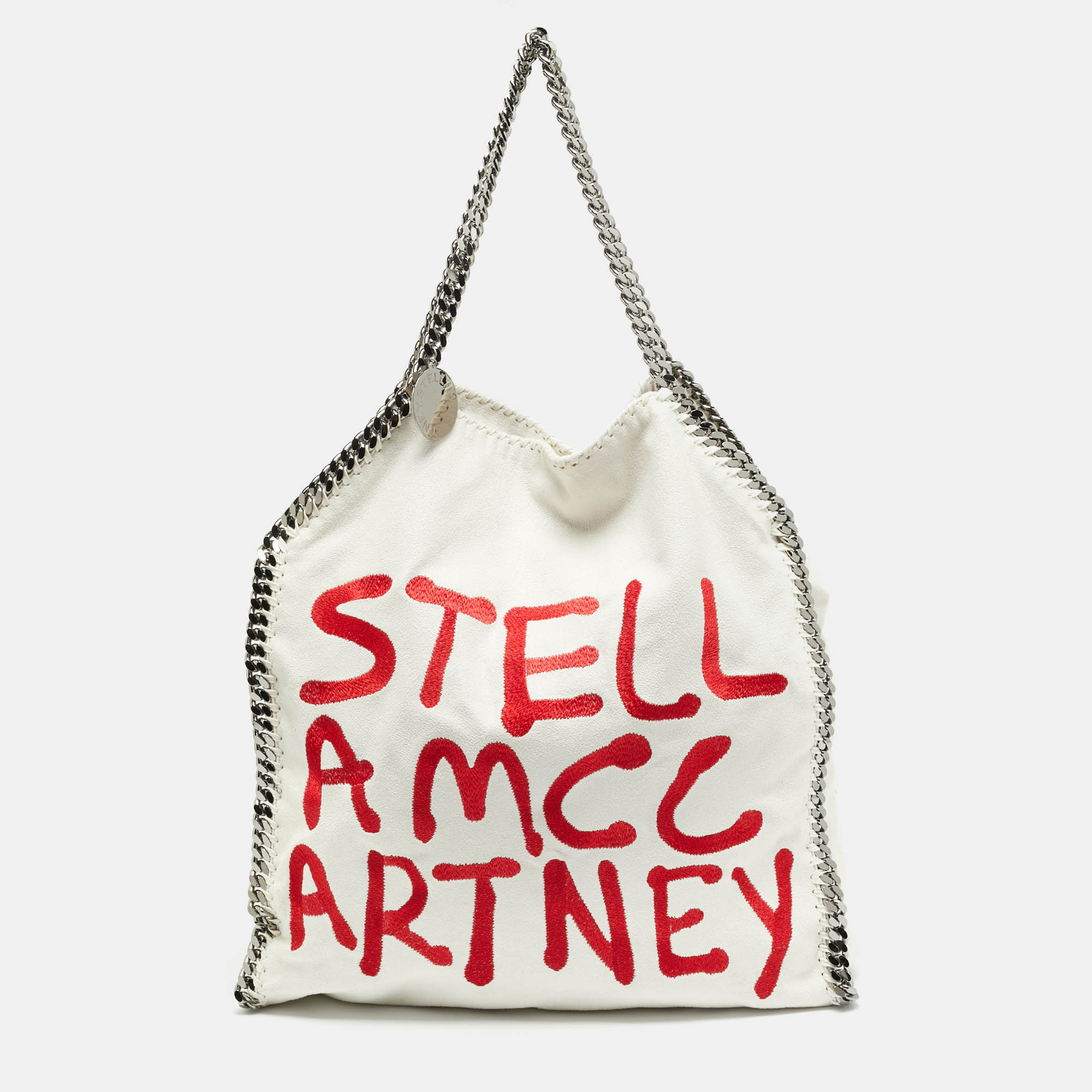 Pre-owned Stella Mccartney Falabella Maxi White/red Faux Suede Embroidered Tote