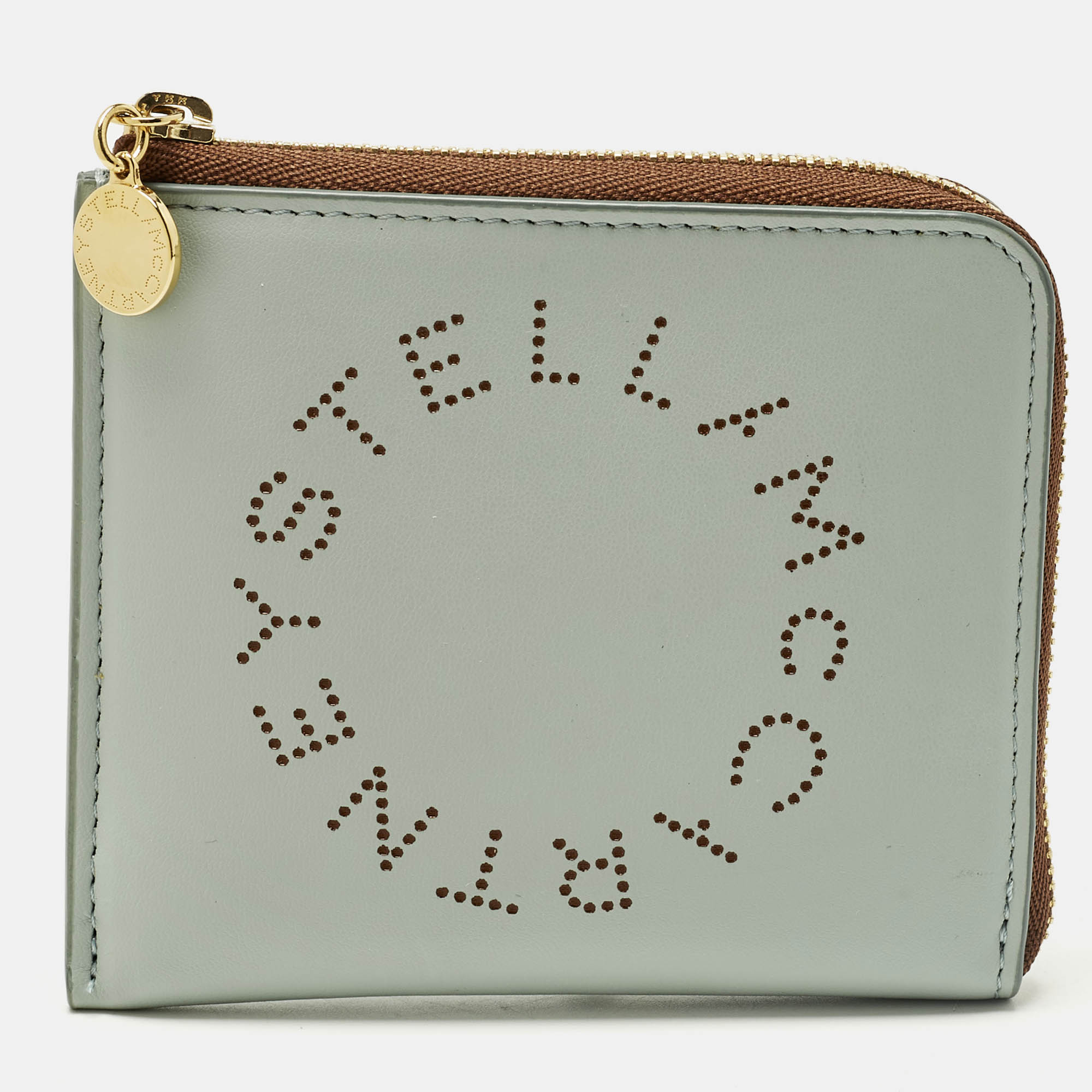 Pre-owned Stella Mccartney Perforated Logo Blue/brown Faux Leather Compact Wallet