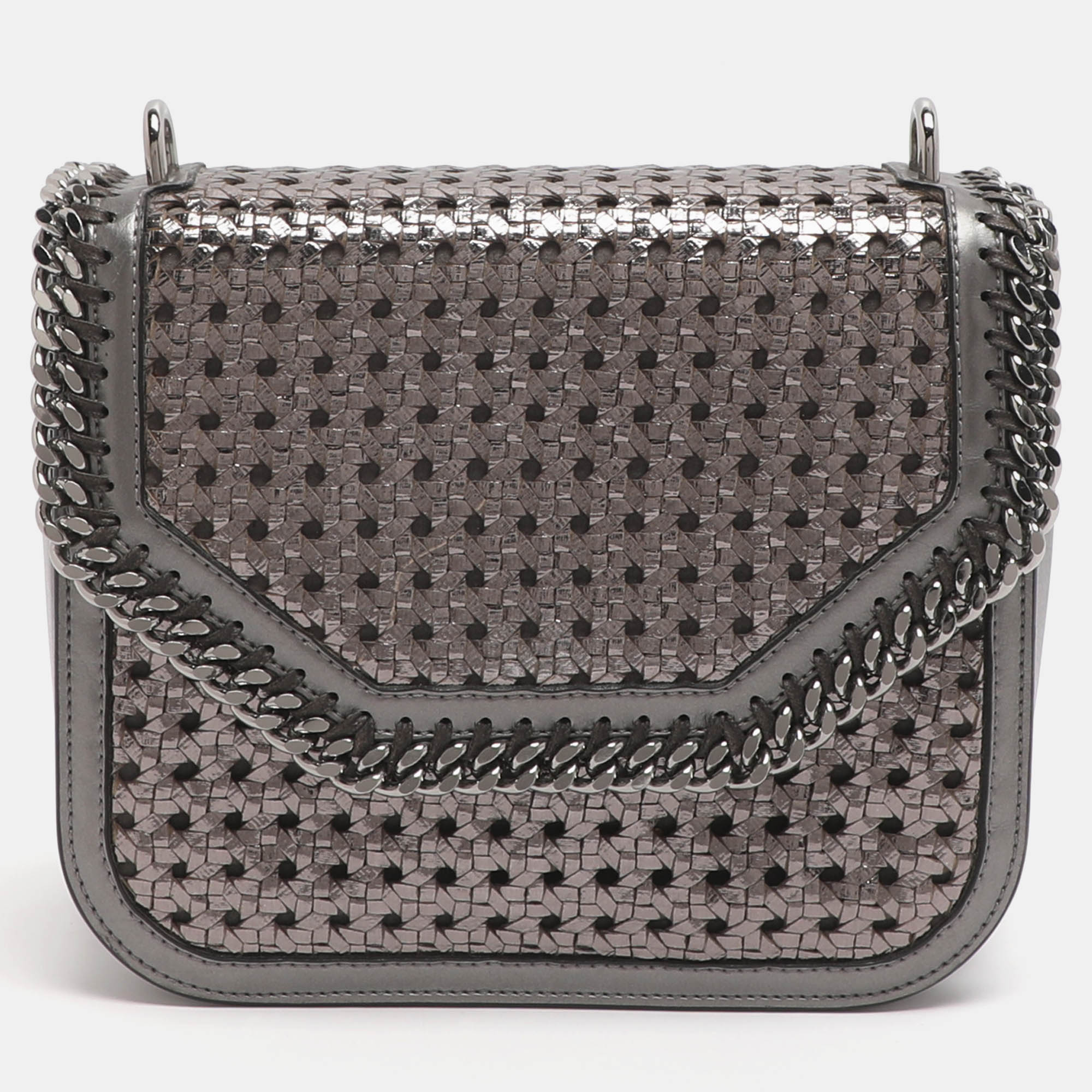 

Stella McCartney Metallic Grey Woven Faux Leather Falabella Box Shoulder Bag, Burgundy