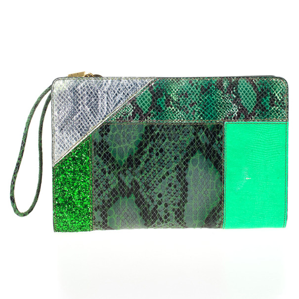 Pre Owned Stella McCartney Loretta ‘Waverly’ Exotic Skins Patchwork Green Clutch