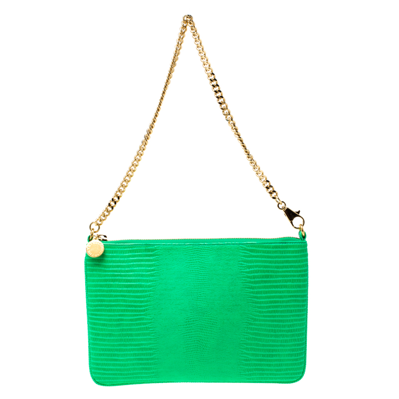 Stella McCartney Green Faux Alligator Chain Clutch
