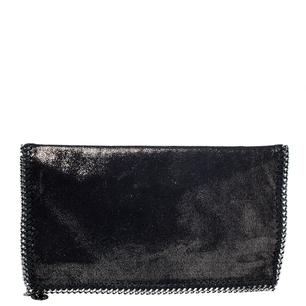 Pre Owned Stella McCartney Black Faux Leather Falabella Fold Over Clutch