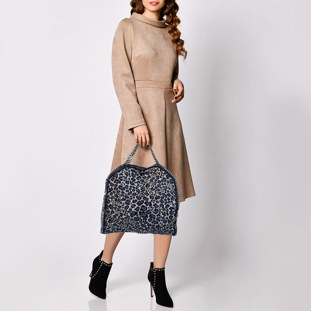 

Stella McCartney Navy Blue Leopard Print Velvet Small Falabella Tote