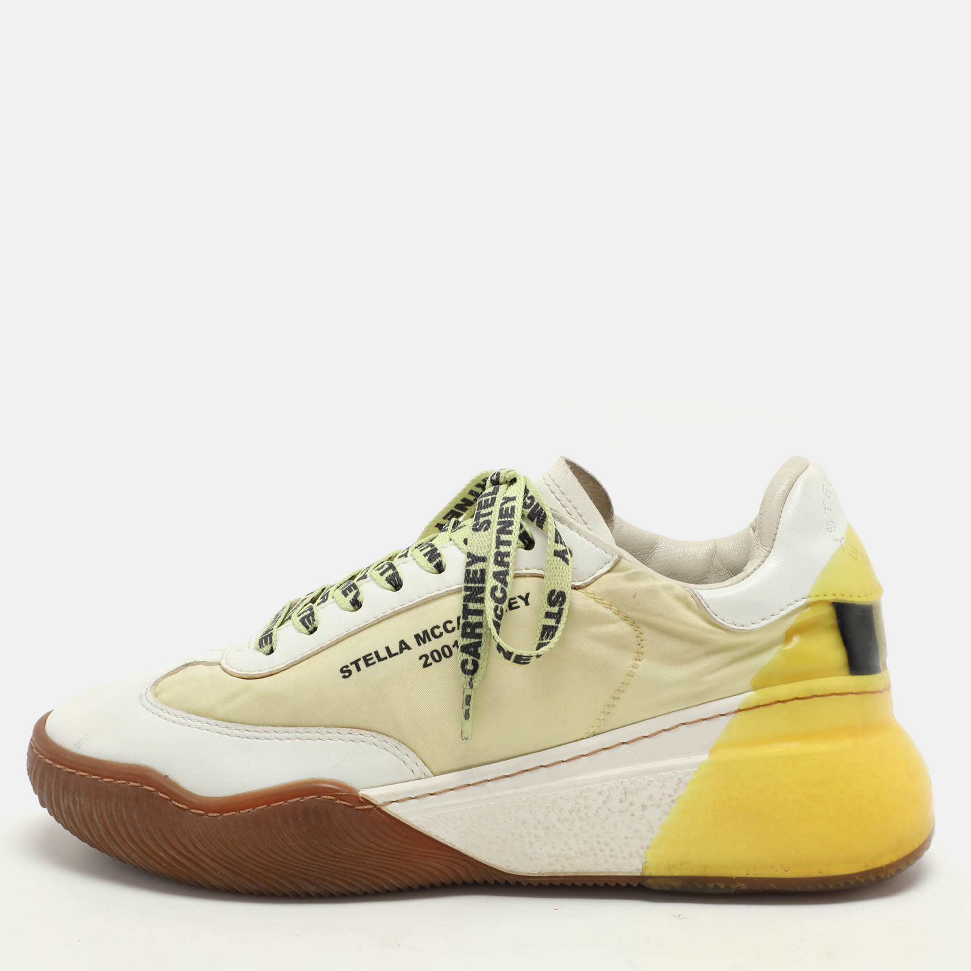 

Stella McCartney White/Yellow Faux Leather and Neoprene Loop Low Top Sneakers Size