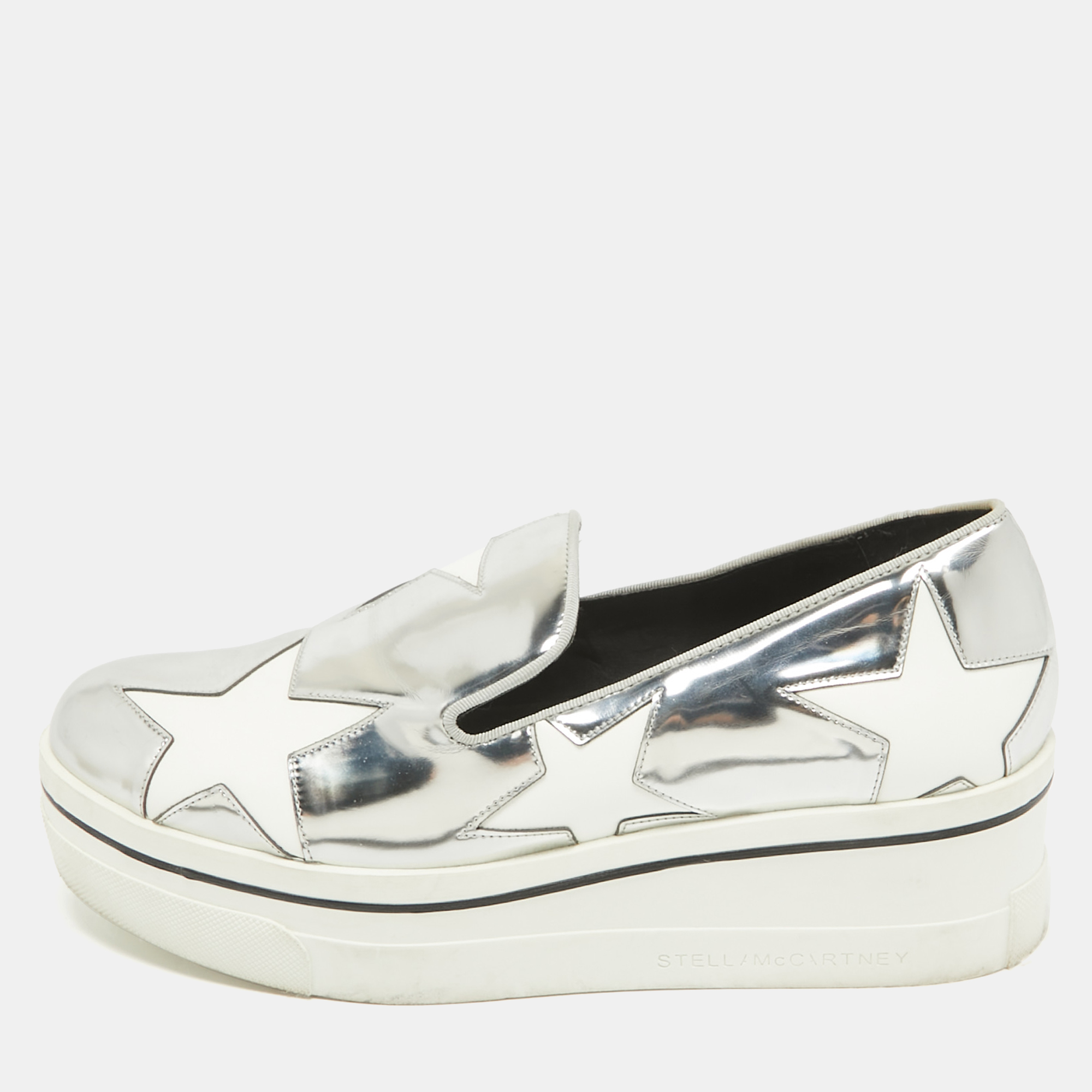 

Stella McCartney Silver Faux Leather Binx Star Slip On Sneakers Size