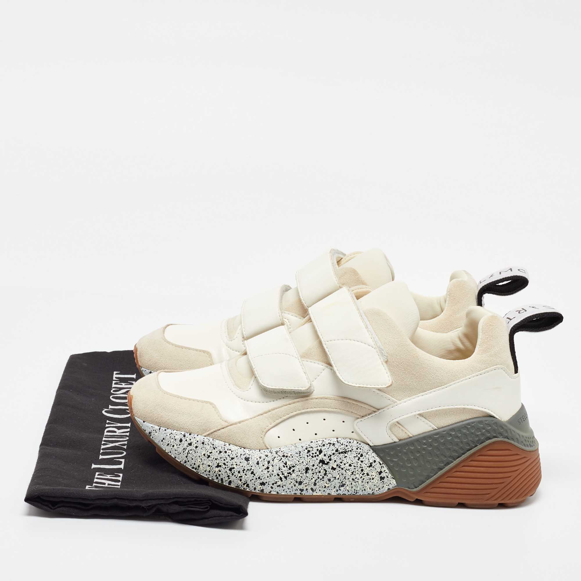 Stella McCartney Cream/White Faux Suede And Faux Leather Eclypse Velcro Strap Sneakers Size 39 