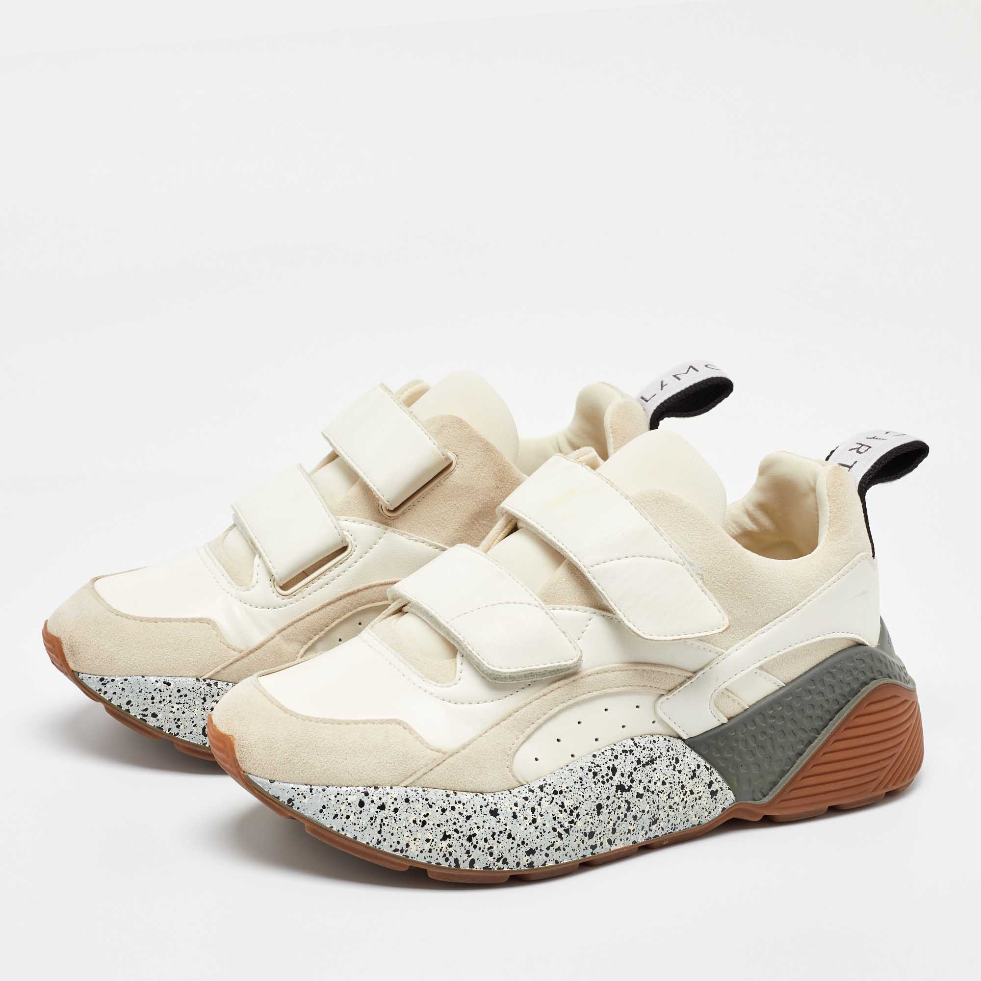 Stella McCartney Cream/White Faux Suede And Faux Leather Eclypse Velcro Strap Sneakers Size 39 