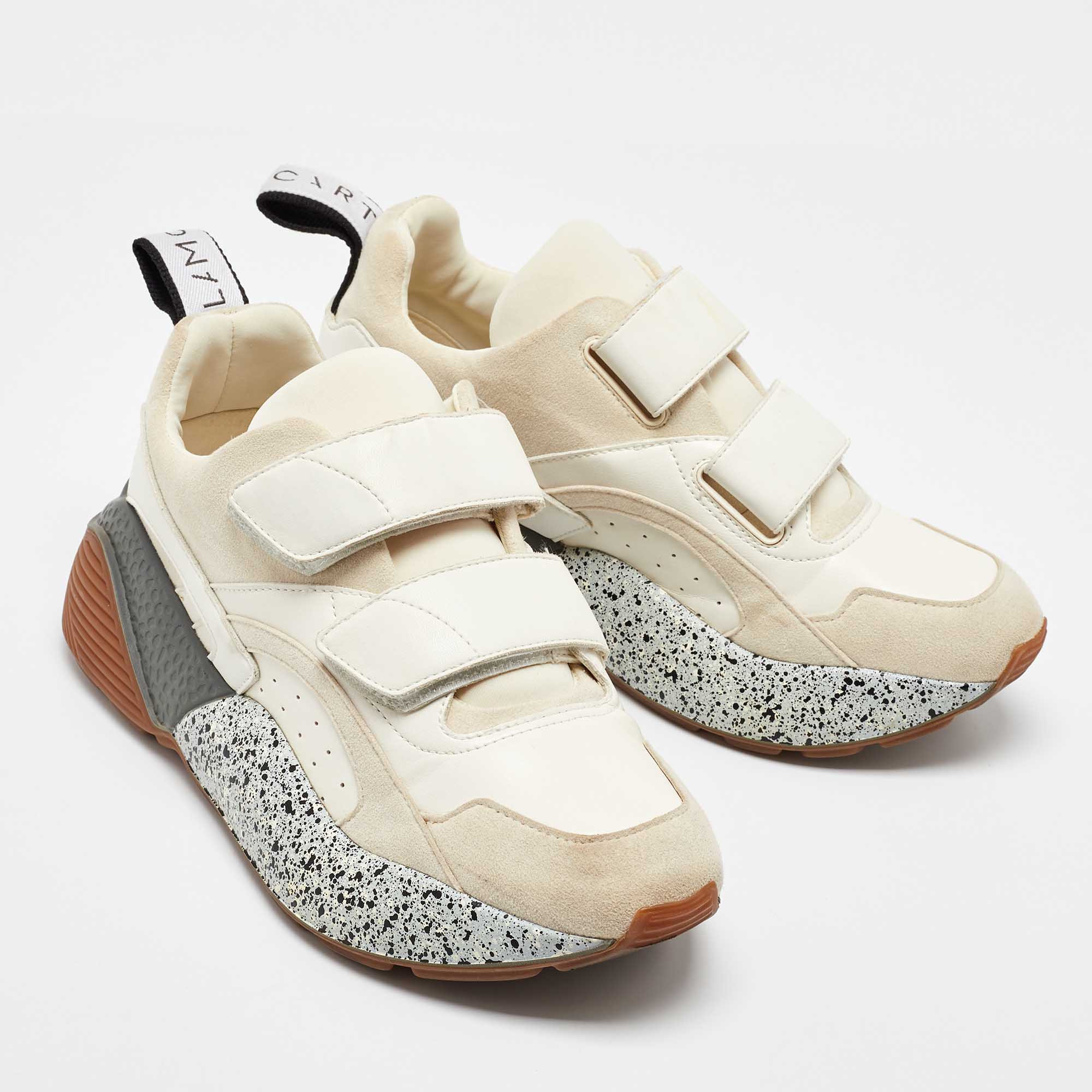 Stella McCartney Cream/White Faux Suede And Faux Leather Eclypse Velcro Strap Sneakers Size 39 