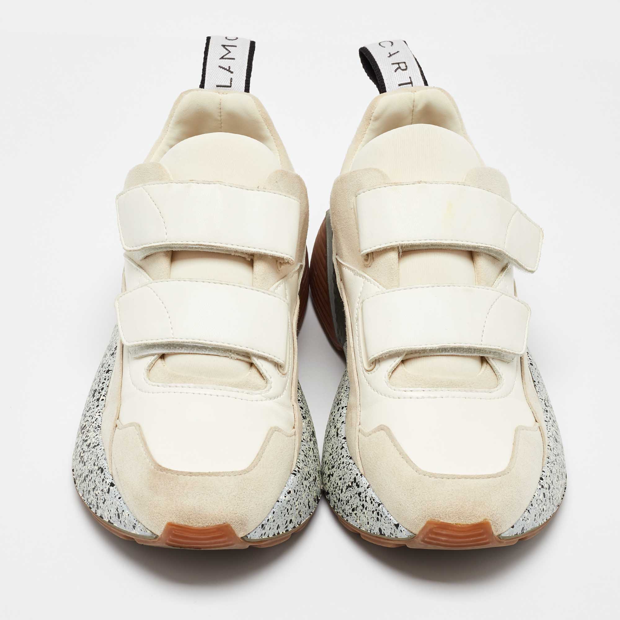 Stella McCartney Cream/White Faux Suede And Faux Leather Eclypse Velcro Strap Sneakers Size 39 