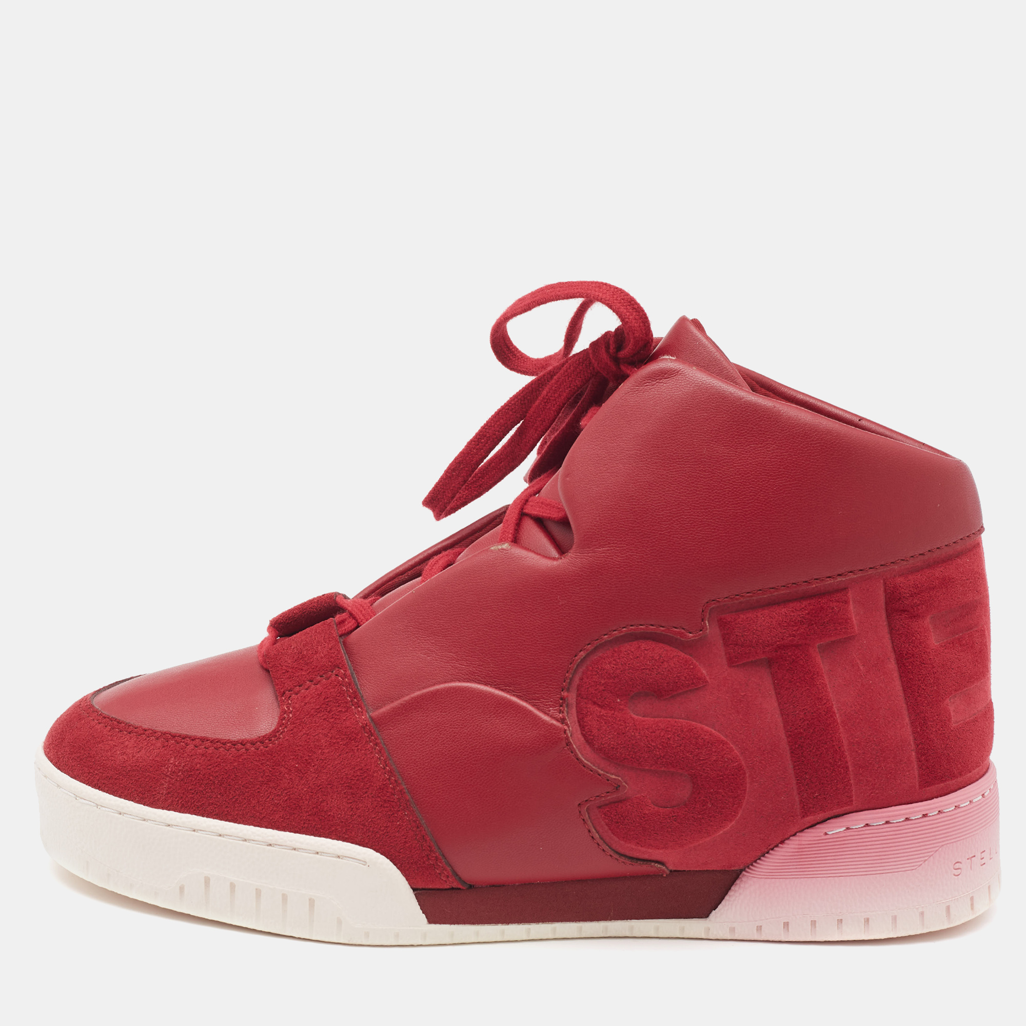 

Stella McCartney Burgundy Faux Leather and Faux Suede High Top Sneakers Size