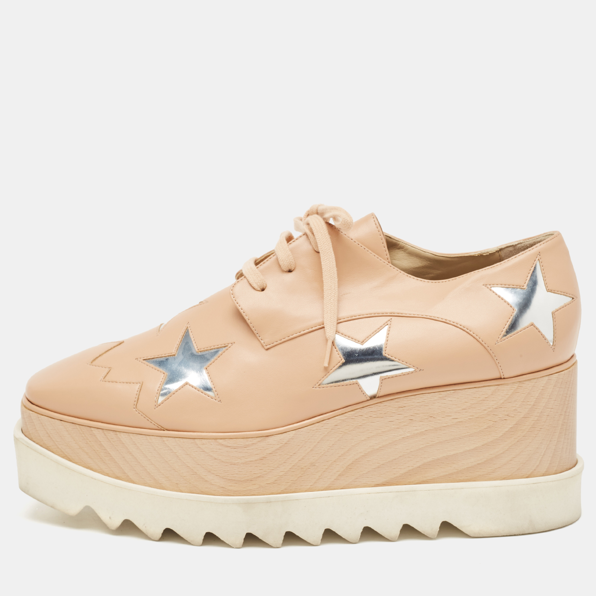 

Stella McCartney Beige Faux Leather Elyse Star Wedge Sneakers Size