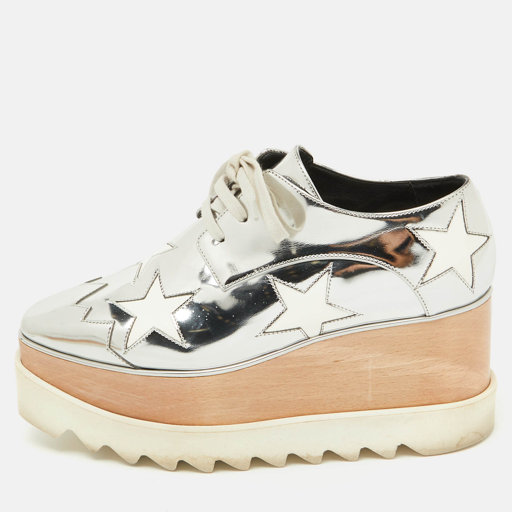 

Stella McCartney Silver/White Faux Leather Elyse Star Platform Derby Sneakers Size