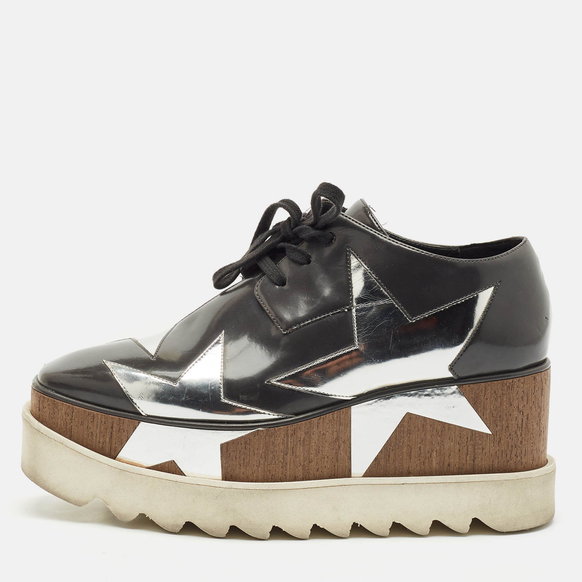 

Stella McCartney Grey/Sliver Faux Leather Elyse Star Platform Lace Up Derby Size, Silver