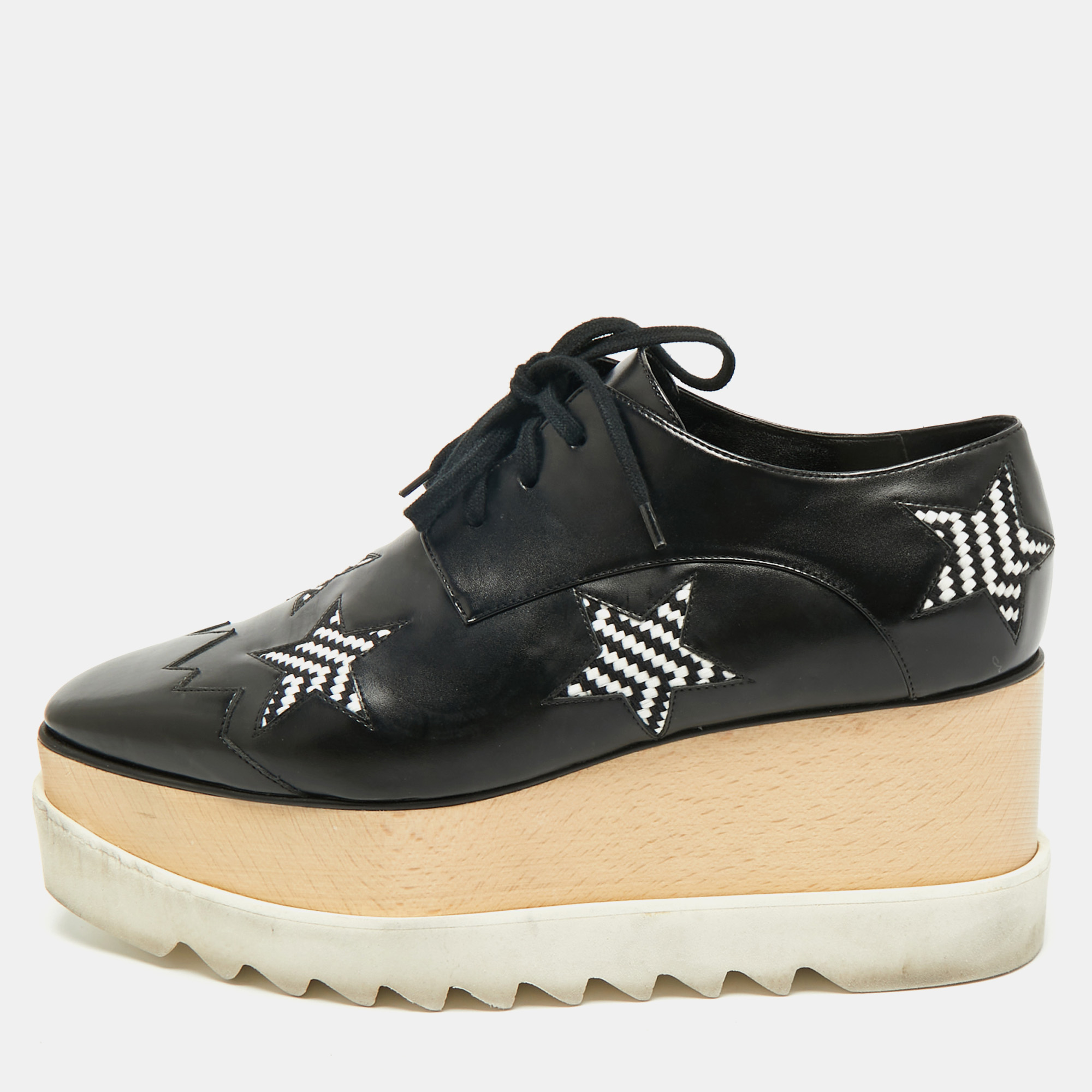 

Stella McCartney Black Faux Leather Elyse Star Platform Derby Sneakers Size