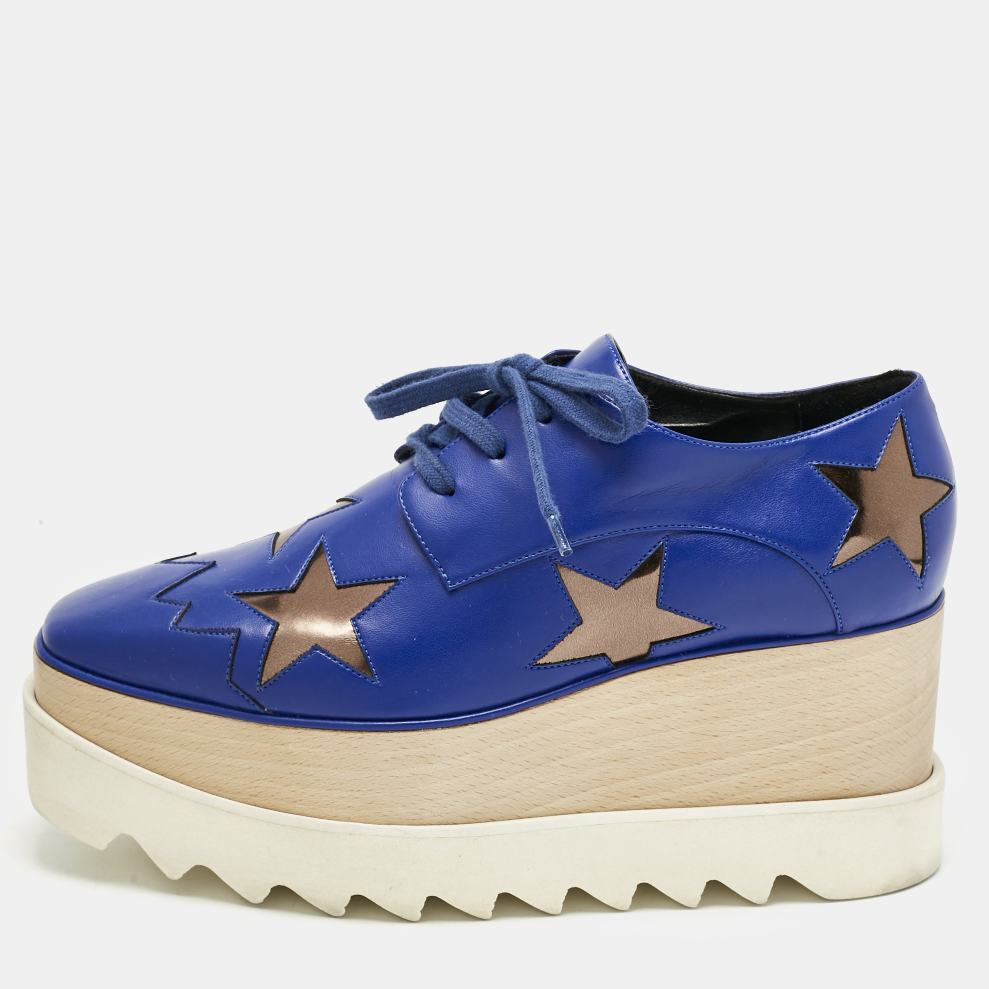 Pre-owned Stella Mccartney Blue/metallic Faux Leather Elyse Star Platform Lace Up Sneakers Size Size 35.5