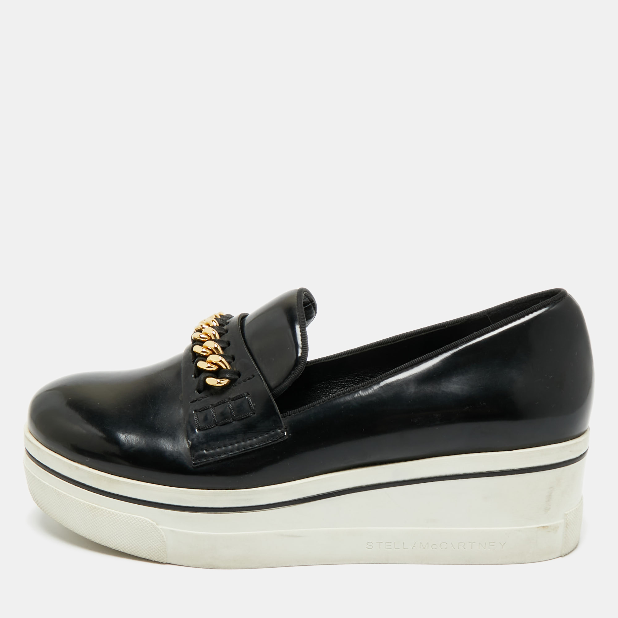 

Stella McCartney Black Faux Leather Chain Link Platform Slip On Sneakers Size