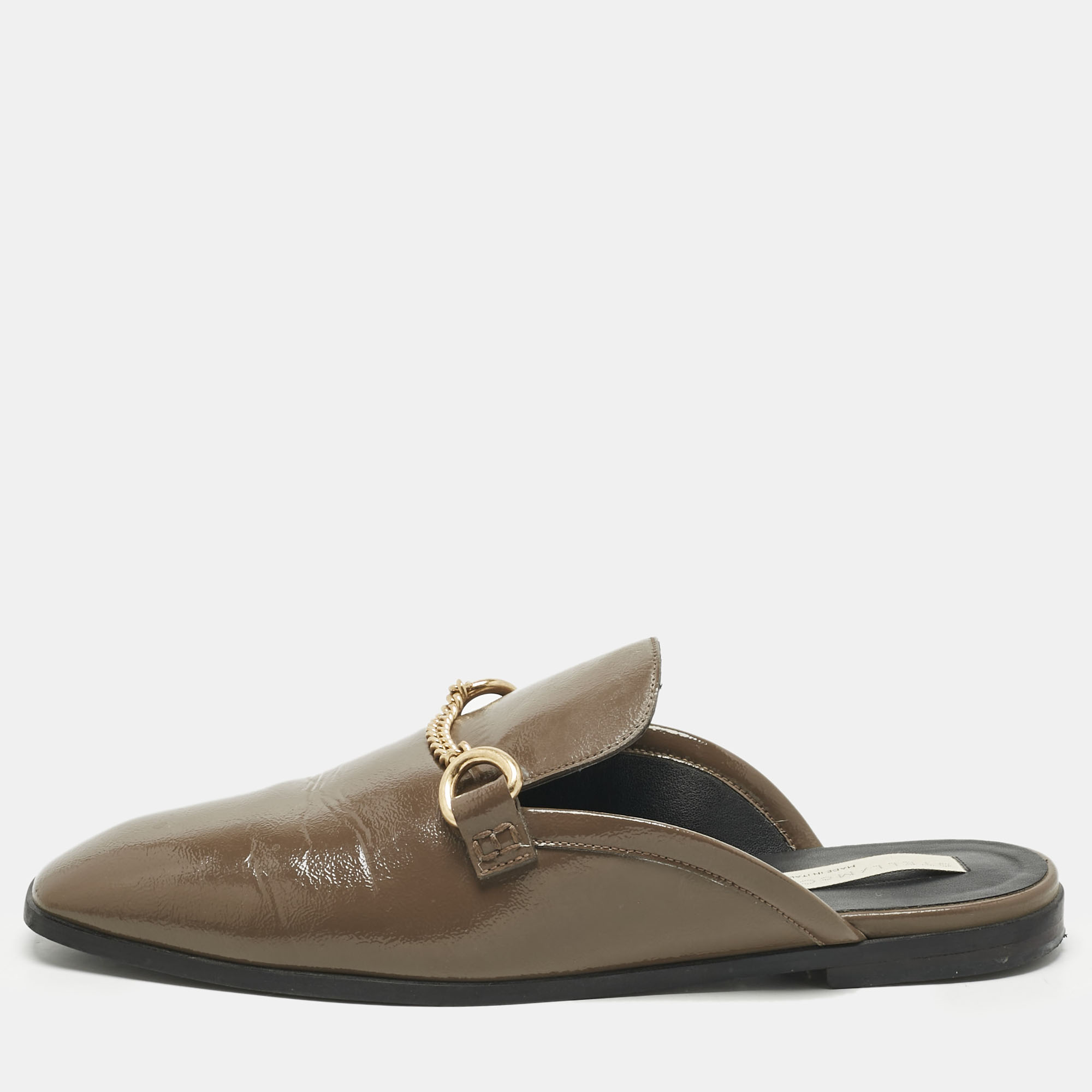 

Stella McCartney Grey Faux Leather Chain Detail Mules Size