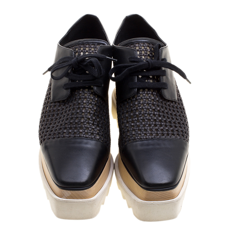 Stella McCartney Black Woven Faux Leather Canyon Wicker Elyse Platform  Brogues Size 36.5