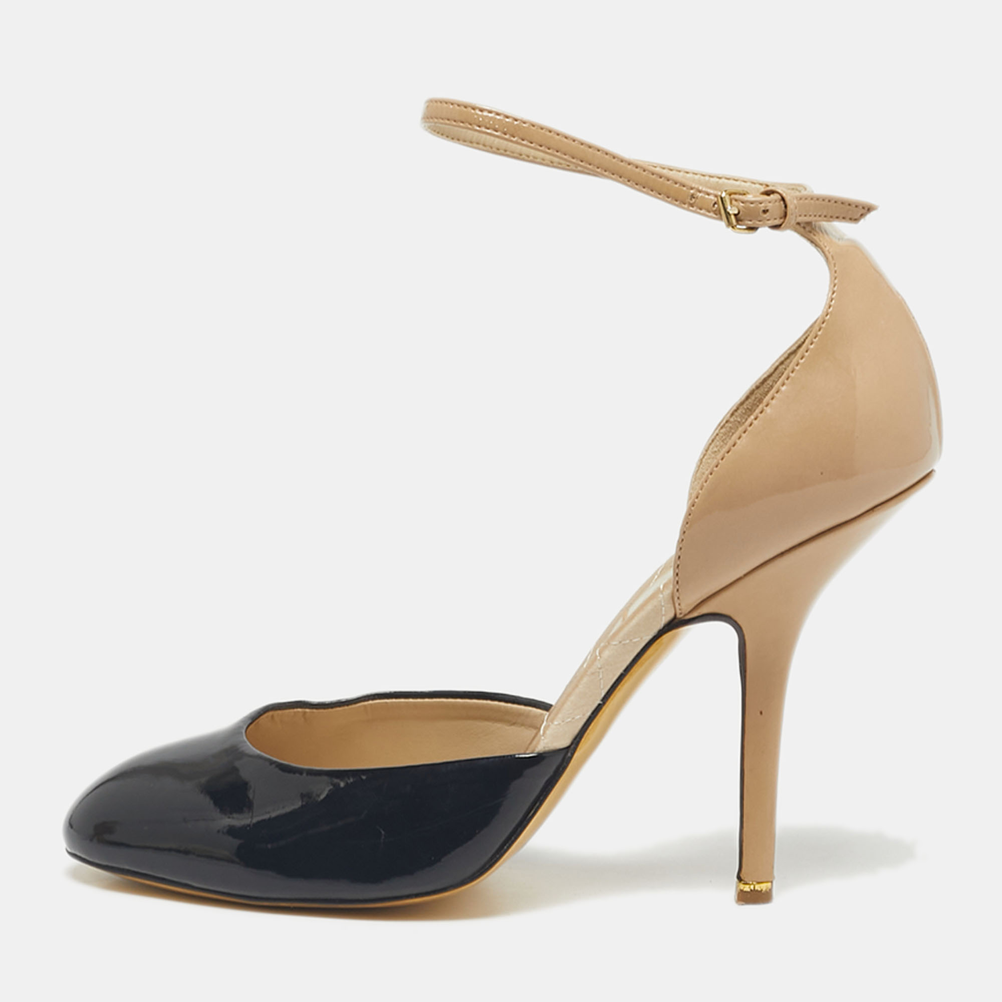 Pre-owned Stella Mccartney Black/beige Patent Leather D'orsay Ankle Strap Pumps Size 38