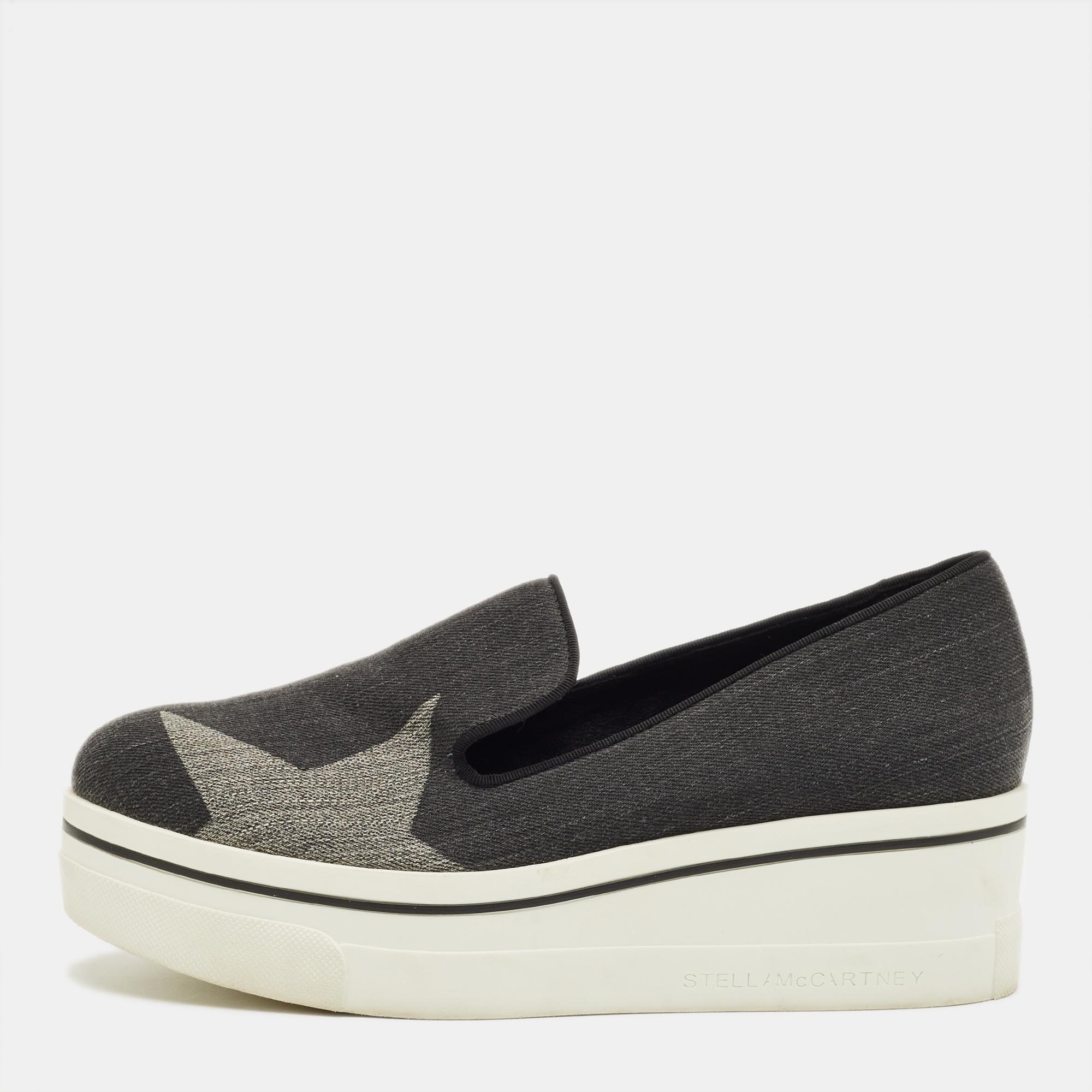 Pre-owned Stella Mccartney Black/grey Denim Binx Slip On Sneakers Size 36