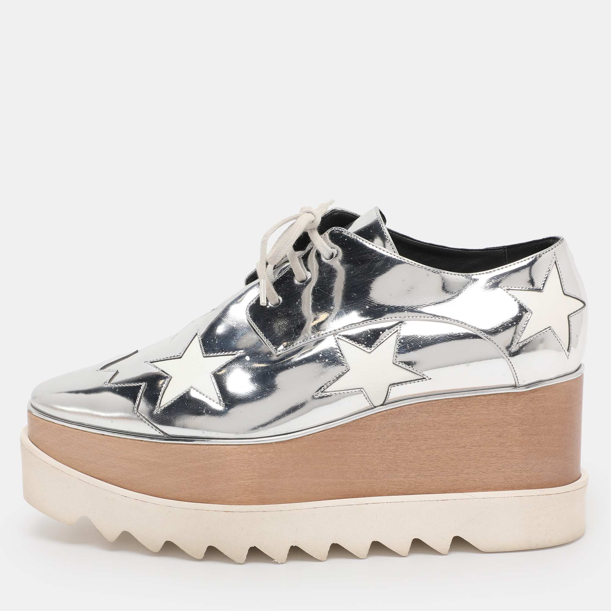 

Stella McCartney Metallic Silver Faux Leather Elyse Star Platform Derby Size 40