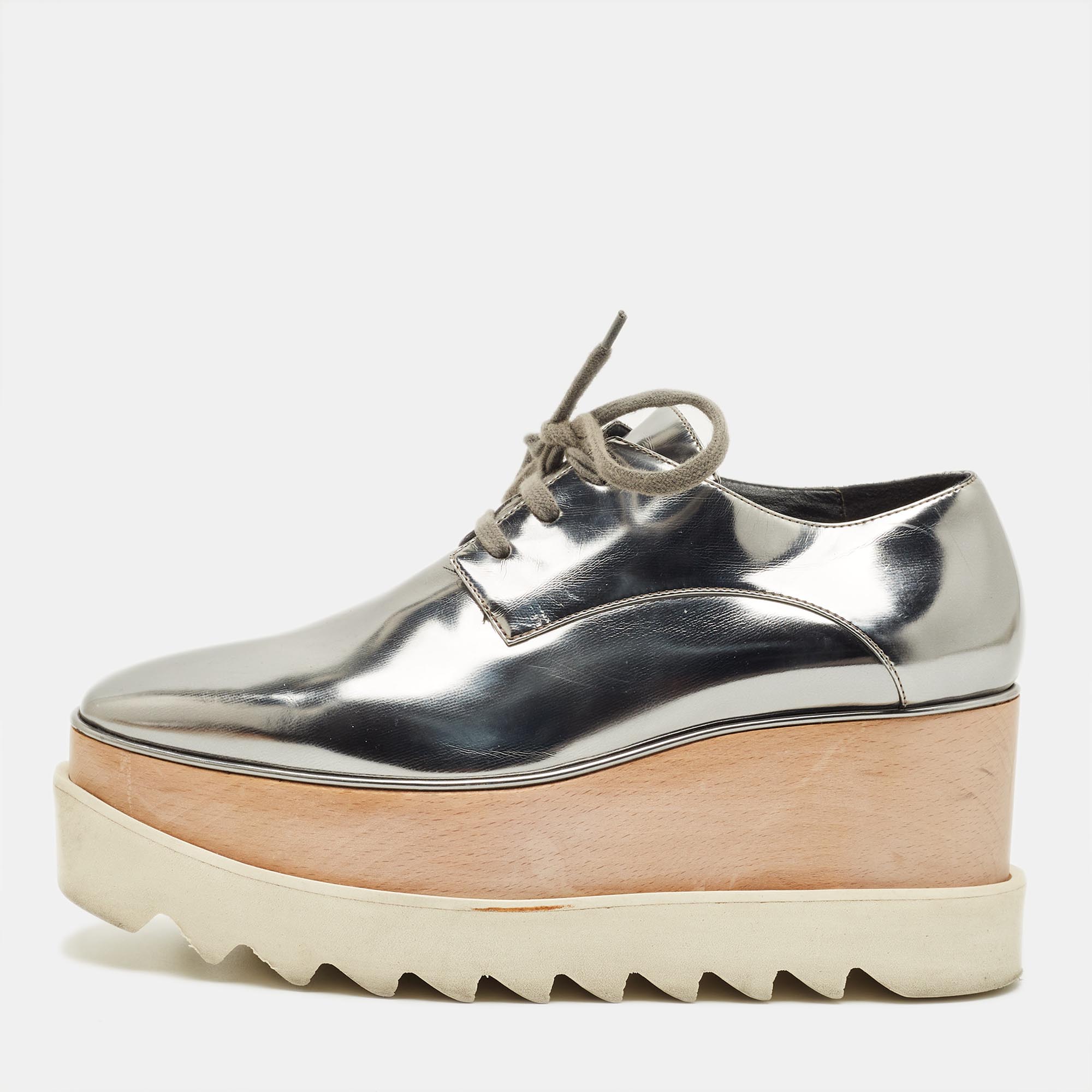 

Stella McCartney Elyse Size  Metallic Grey Faux Leather Platform Derby Sneakers