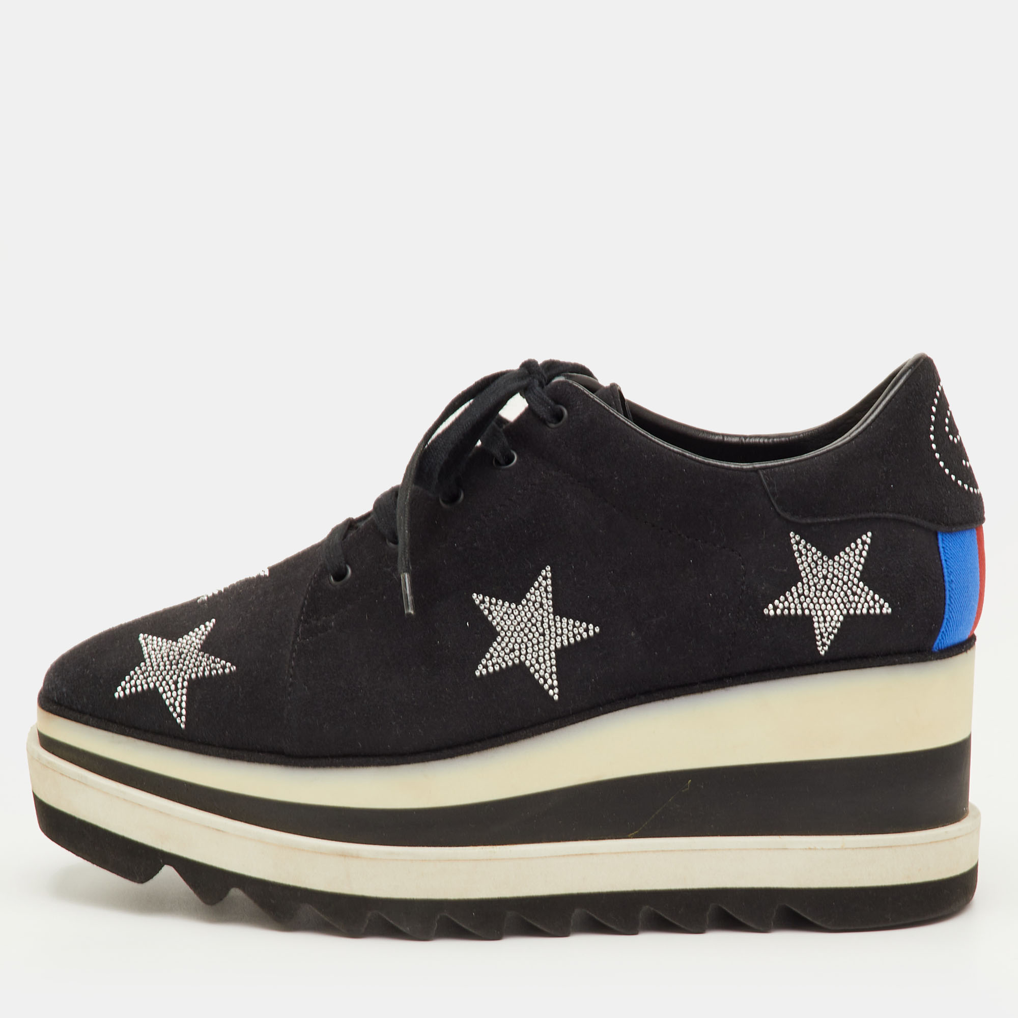 

Stella McCartney Elyse Size  Black Faux Suede Star Studded Platform Derby Sneakers