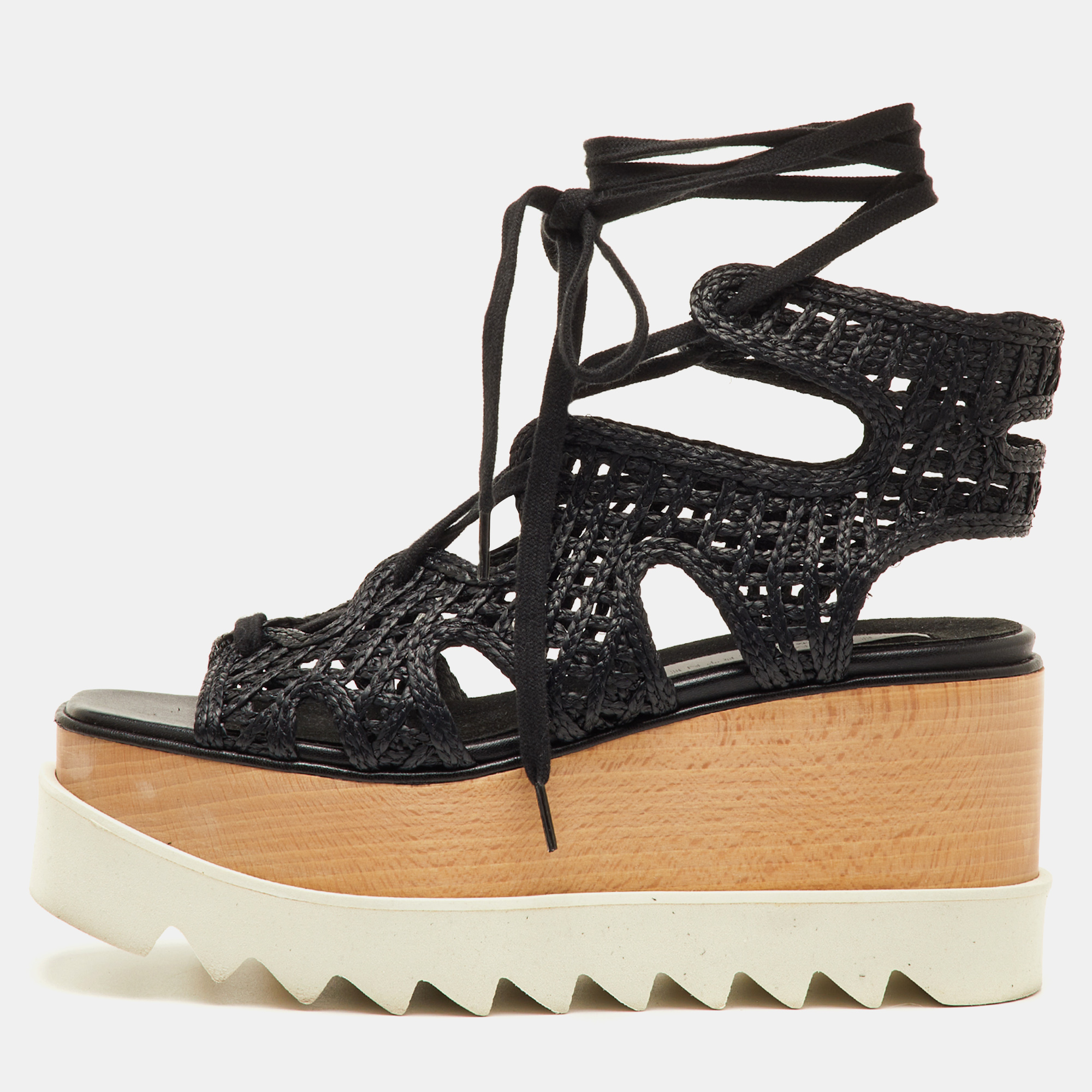 

Stella McCartney Elyse Size  Black Woven Raffia Lace Up Platform Sandals
