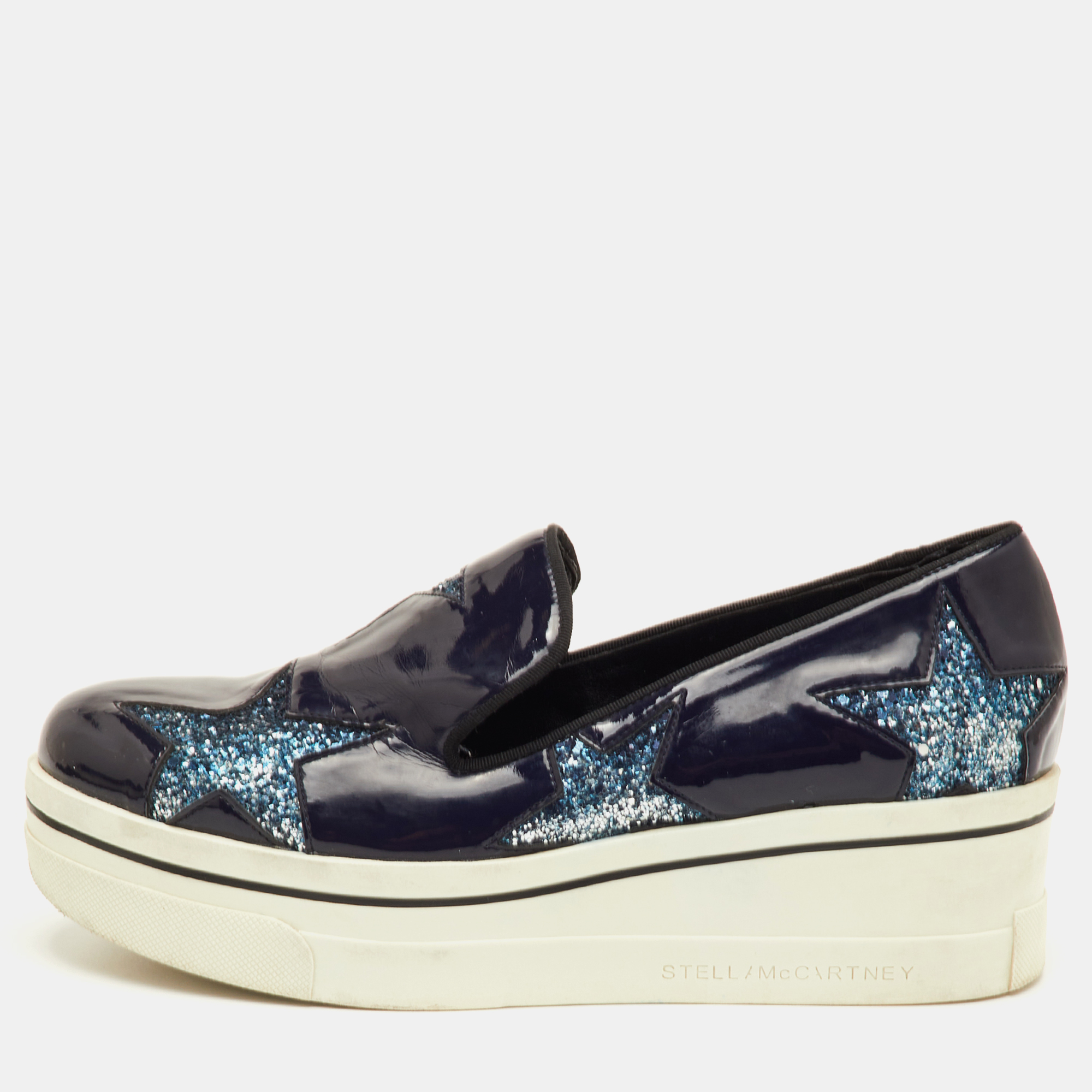 

Stella McCartney Binx Star Size  Navy Blue Faux Patent Leather Platform Slip On Sneakers