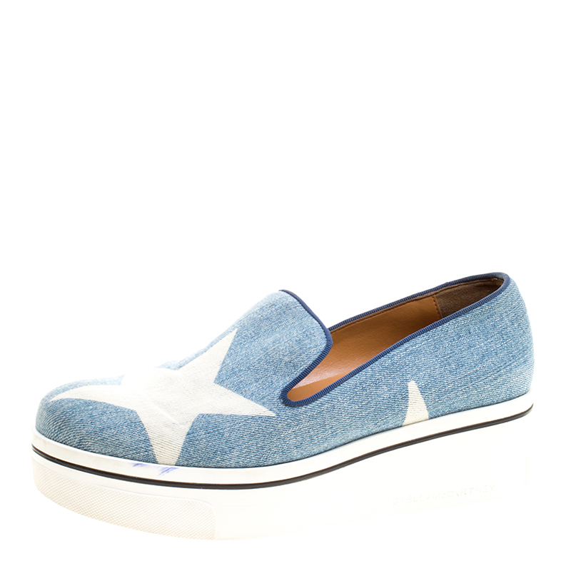 Pre Owned Stella McCartney Light Wash Star Printed Denim Binx Platform Slip On Sneakers Size 40