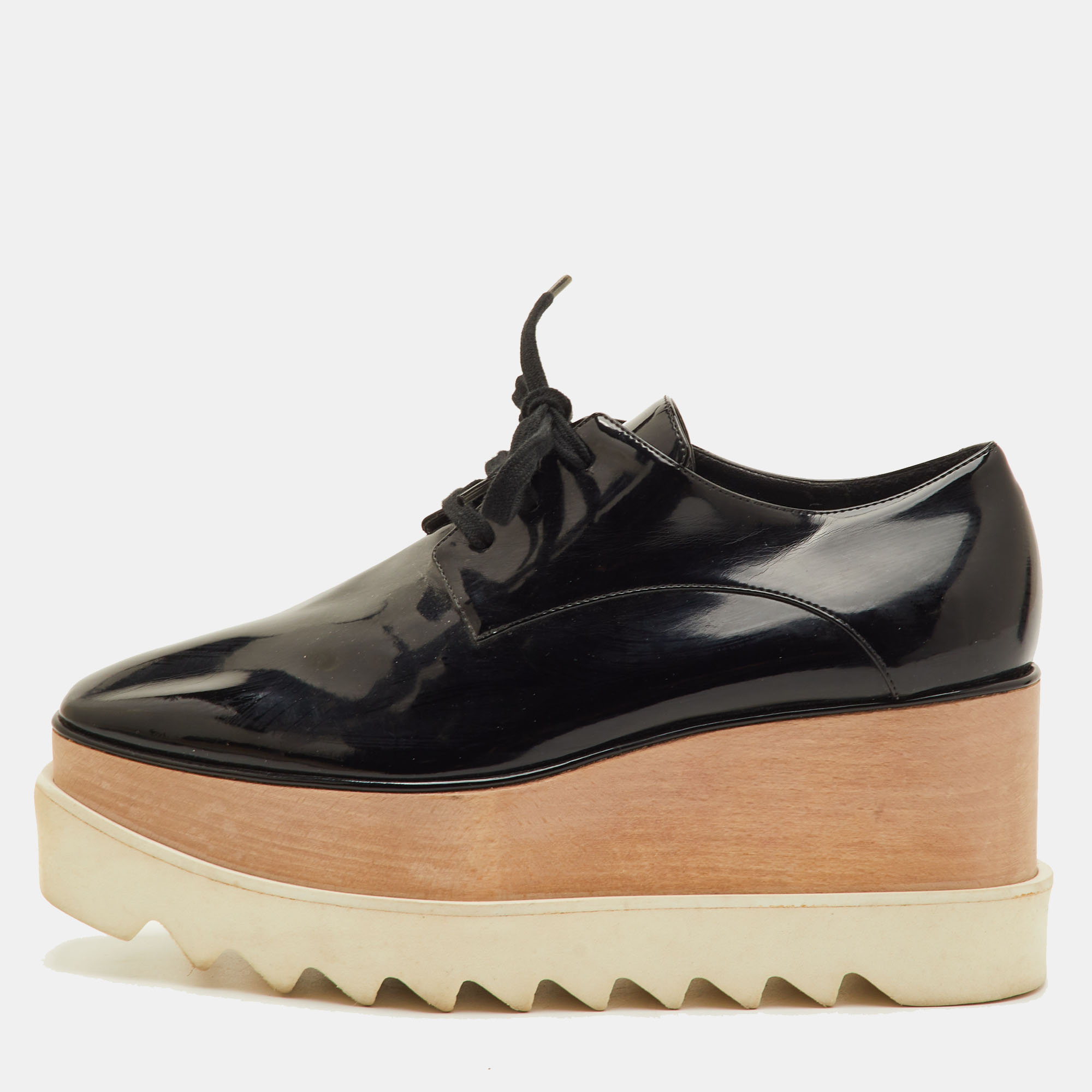 Pre-owned Stella Mccartney Elyse Size 37 Black Faux Patent Leather Platform Derby Sneakers