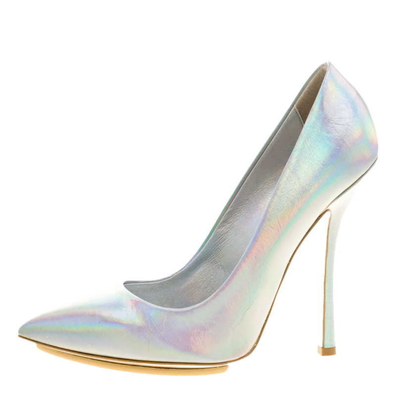 

Stella McCartney Metallic Silver Holographic Faux Leather Pointed Toe Pumps Size