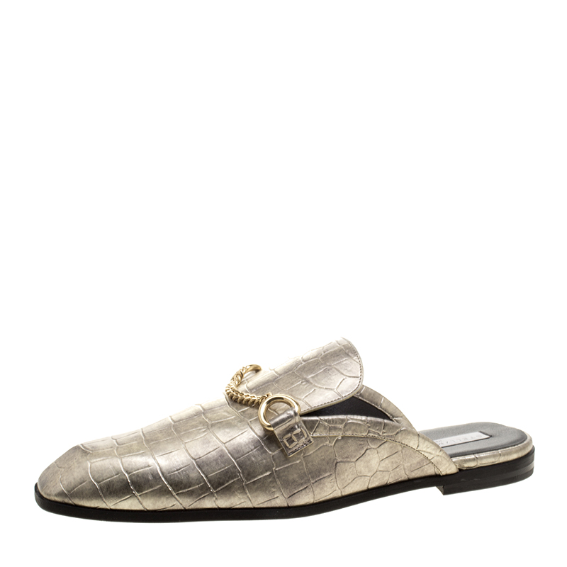 Stella McCartney Metallic Faux Croc Effect Leather Slip On Loafers Size 38