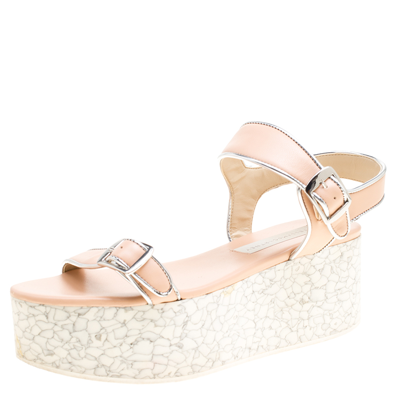 

Stella McCartney Beige/Silver Faux Leather Geena Marble Platform Sandals Size