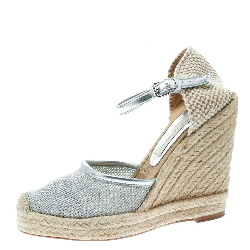 

Stella McCartney Metallic Silver Fabric and Faux Leather Espadrille Wedge Sandals Size