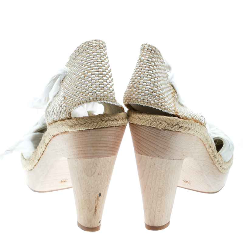 Pre-owned Stella Mccartney White Canvas Espadrille Trim Tie Up Block Heel Sandals Size 38