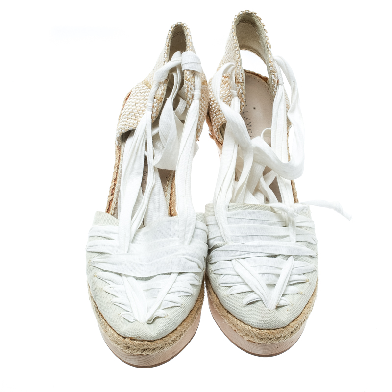 Pre-owned Stella Mccartney White Canvas Espadrille Trim Tie Up Block Heel Sandals Size 38