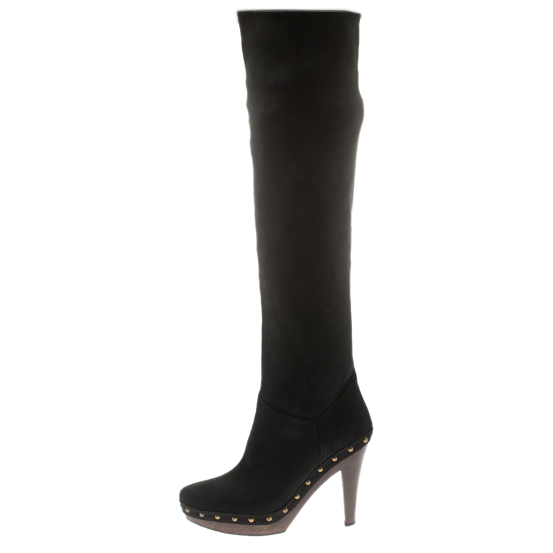 

Stella McCartney Black Faux Suede Korda Studded Knee Length Boots Size