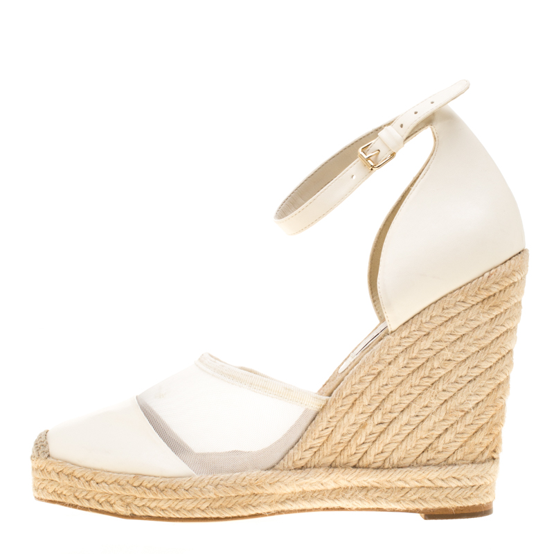 

Stella McCartney White Mesh And Faux Leather Espadrille Ankle Strap Wedge Sandals Size