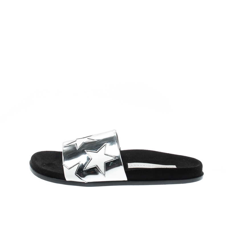 

Stella McCartney Metallic Silver/White Leather Star Flat Slides Size